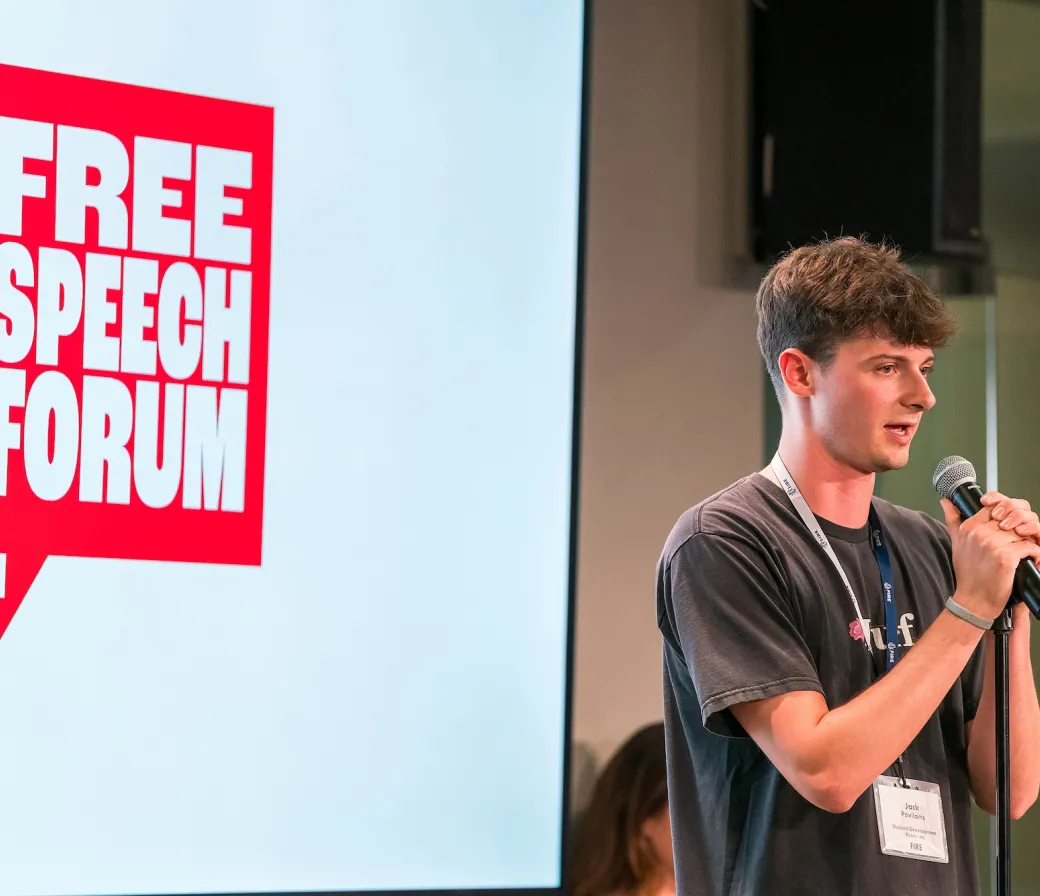 FIRE staffer Jack Povilaitis speaks at the 2025 Free Speech Forum at American University in Washington DC