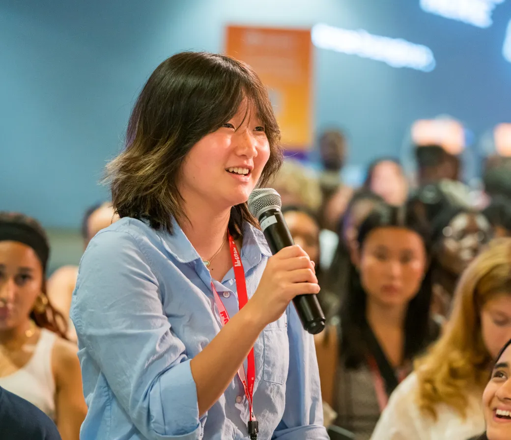 Student speaks into microphone at 2026 Free Speech Forum