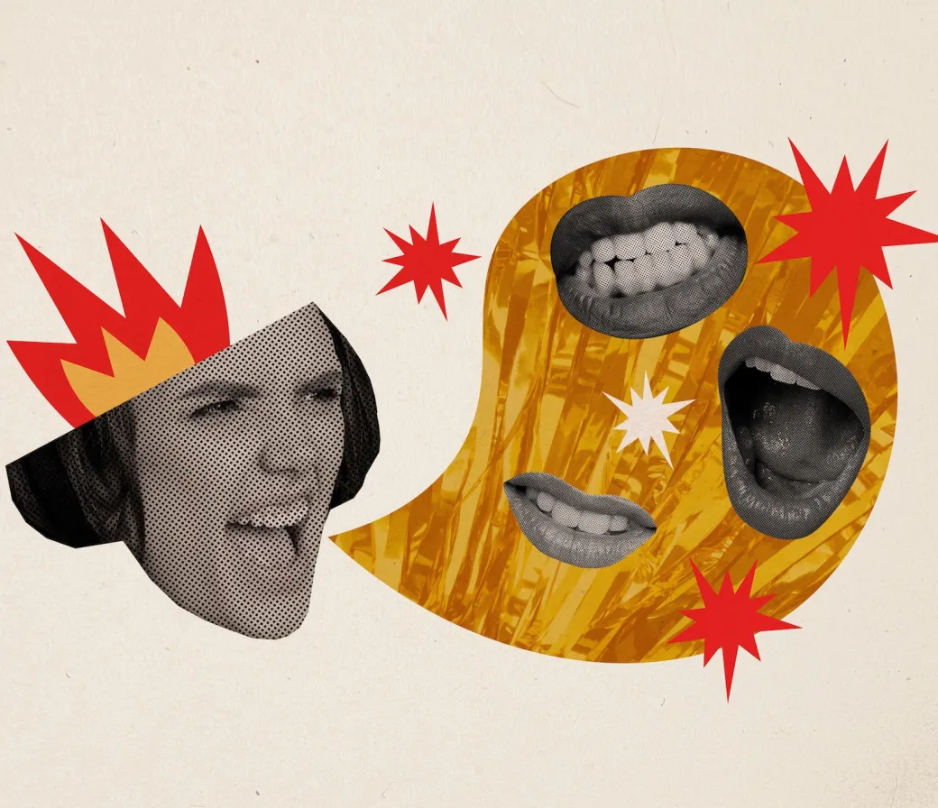 Composite collage image of angry speech bubble argument mouth fire. (Image via Shutterstock.com)