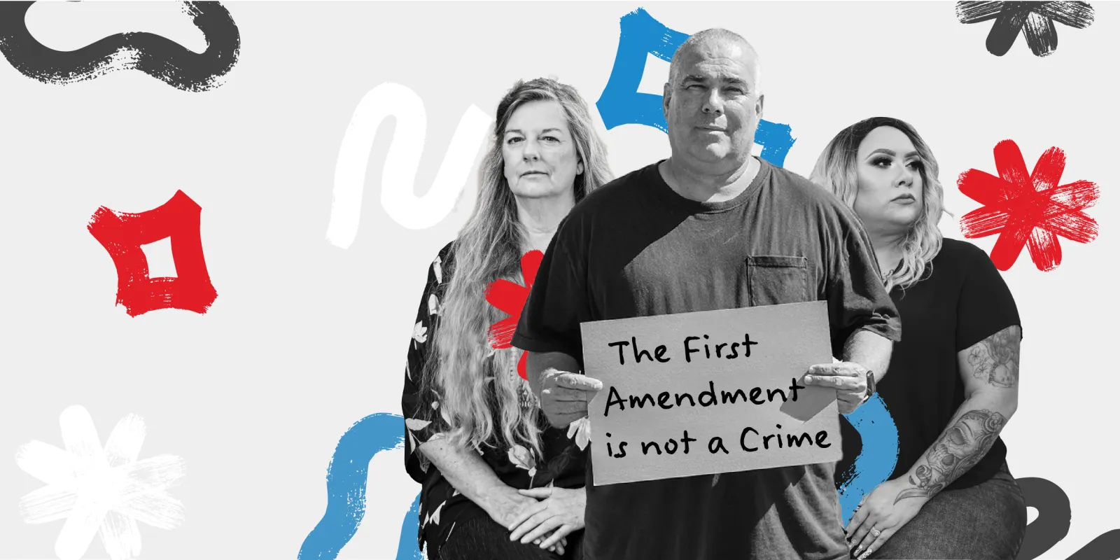 FIRE clients on a white background, with Jeff Gray in the center holding a sign that reads "The First Amendment is not a crime"
