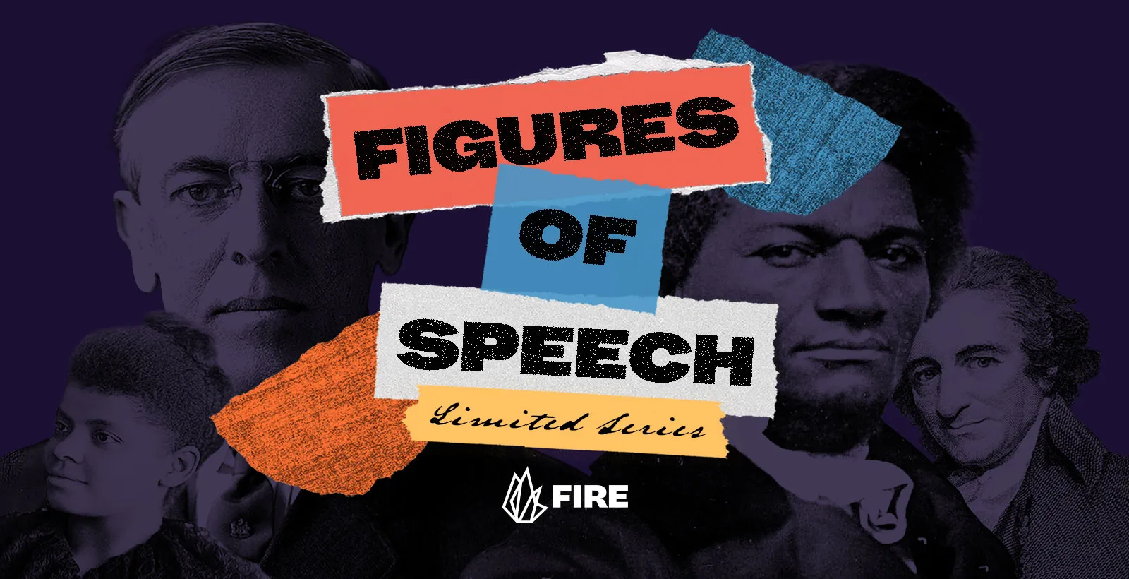 Collage showing Woodrow Wilson, Ida B. Wells, Frederick Douglass, and Thomas Paine around the words "Figures of Speech"