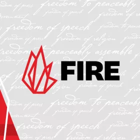 Square FIRE logo with phrases from Constitution in the background