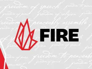 Square FIRE logo with phrases from Constitution in the background