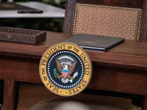 Desk with the official seal of the president of the united states