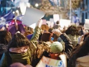 Protesters walking down the street