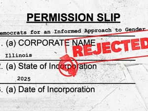 Illustration of a paper "permission slip" for incorporation and the word "REJECTED" in red letters stamped over it.