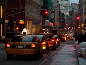 New York, USA - Several yellow taxi cabs wait in traffic, March 2011