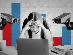 Illustrated collage showing a young girl looking at a laptop with her hands on her head, indicating stress, with surveillance cameras looking over each shoulder.