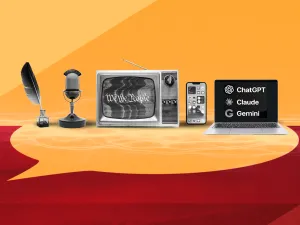 Pen and quill, television, and a laptop with the words "Ai ChatGPT Claude Gemini" on the screen against a yellow background.