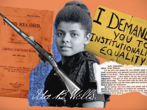 Collage showing a black and white photo of Ida B. Wells next to a shotgun and some of her publications.