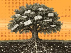 Illustration showing the tree of knowledge with books in the branches and digital network in the roots.