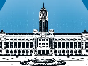 Illustration showing a classical college building in black and white with a blue background and a spotlight shining down from overhead.