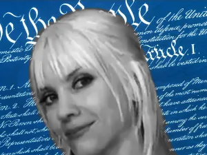 Black and white photo of Shiloh Hendrix in front of the Constitution