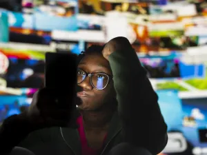 student using social media