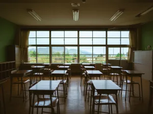 empty classroom with a large window in the background