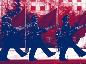 Chinese soldiers marching, depicted in the tritone colors of the Texas flag