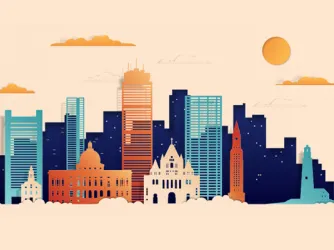 Illustration of the Boston skyline with skyscrapers shaded orange and blue