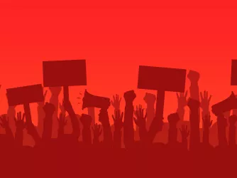 Crowd of protesters people. Silhouettes of people with banners and megaphones. Concept of revolution or protest. 