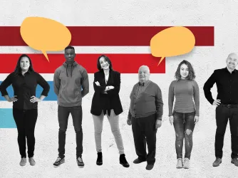 People standing in a line with speech bubbles above their heads