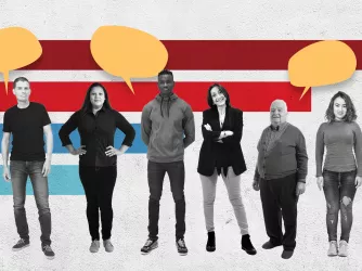 People standing in a line with speech bubbles above their heads