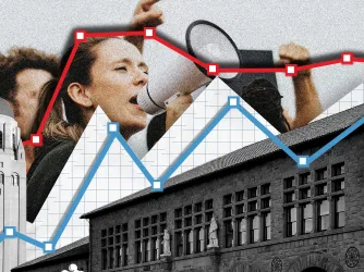 Black and white photo of the Stanford campus with a pie chart indicating polling or data