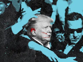 Stylized image of former President Donald Trump led off stage by Secret Service agents after an assassination attempt in Butler, Ohio, on July 13, 2024.