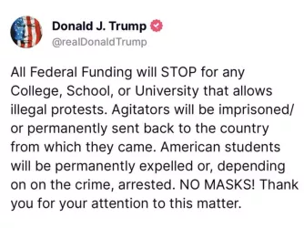 Trump Truth Social post threatening to pull federal funding over college protests