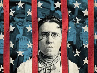 Collage of publisher Emma Goldman behind bars that look like the American flag