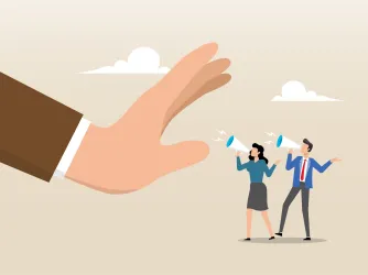 Illustration of people shouting into a megaphone but denied by giant hand freedom of speech censorship