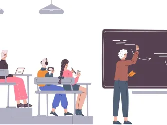 Illustration of students sitting on university lecture hall with a professor writing on a blackboard