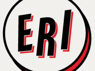Eternally Radical Idea logo with the capital letters "ERI" in a circle, sort of resembling the boxy shaded lettering style commonly used in comic books.