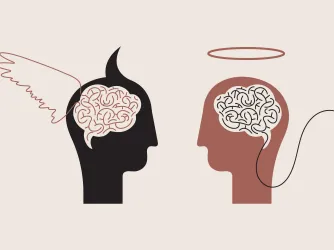 Illustration of two heads, one with devil wings and another with a halo, indicating good and evil, freedom of conscience.