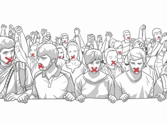 Illustration of crowd protesting with red tape on their mouths