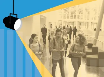 Stylized news graphic showing students walking on campus with a large illustrated spotlight illuminating them