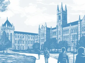 Blue-tinted illustration of a campus building with students walking on pathways.