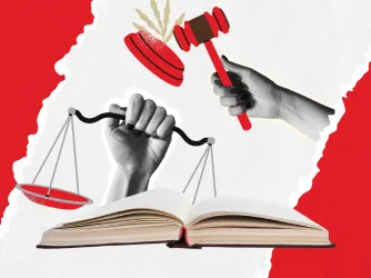Clip art collage including the scales of justice and a hand banging a gavel, indicating due process.