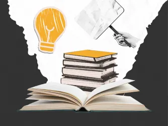 Clip art collage of books, a lightbulb, and a protest sign, indicating freedom of speech
