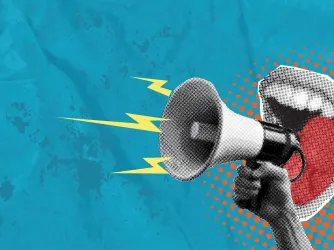 Hand with a megaphone and open mouth on a blue background halftone pop art collage