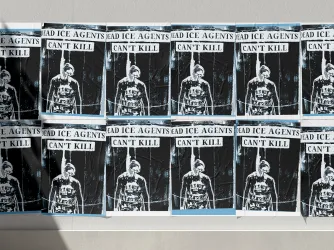 Images of posters at reading Penn State "Dead ICE Agents Cant Kill"