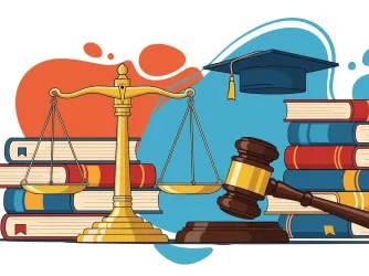 llustration with scales of justice gavel law books graduation cap