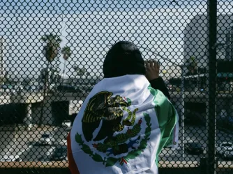 Immigration protestor standing over the Los Angeles 101 FWY in February 2025.