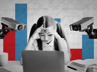 Illustrated collage showing a young girl looking at a laptop with her hands on her head, indicating stress, with surveillance cameras looking over each shoulder.