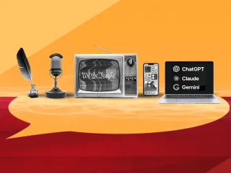 Pen and quill, television, and a laptop with the words "Ai ChatGPT Claude Gemini" on the screen against a yellow background.