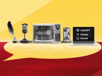 Pen and quill, television, and a laptop with the words "Ai ChatGPT Claude Gemini" on the screen against a yellow background.