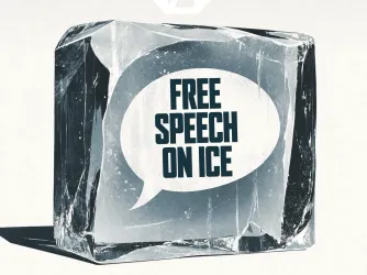 Illustration of a block of ice with the words "Free speech on ice" written in a speech bubble on the side.