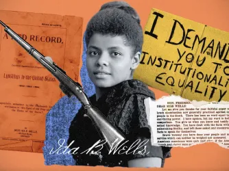 Collage showing a black and white photo of Ida B. Wells next to a shotgun and some of her publications.
