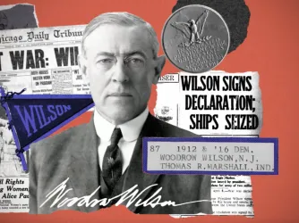 Collage showing Woodrow Wilson in front of newspaper headlines about censorship under his administration.