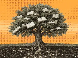 Illustration showing the tree of knowledge with books in the branches and digital network in the roots.