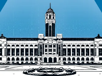 Illustration showing a classical college building in black and white with a blue background and a spotlight shining down from overhead.