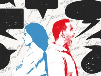 Illustrated collage showing a blue-tinted woman and red-tinted man yelling black speech bubbles